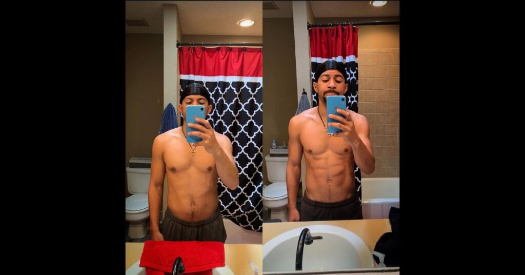 before and after picture of fitness journey, left picture before right picture after, lean and muscular