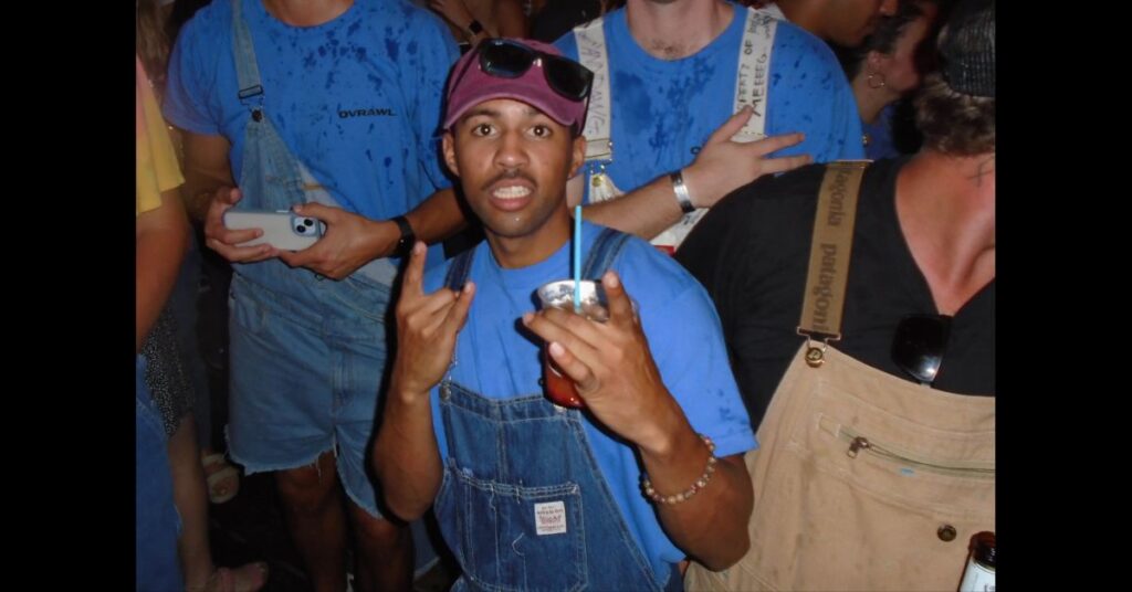 virginia trip overalls and drinking