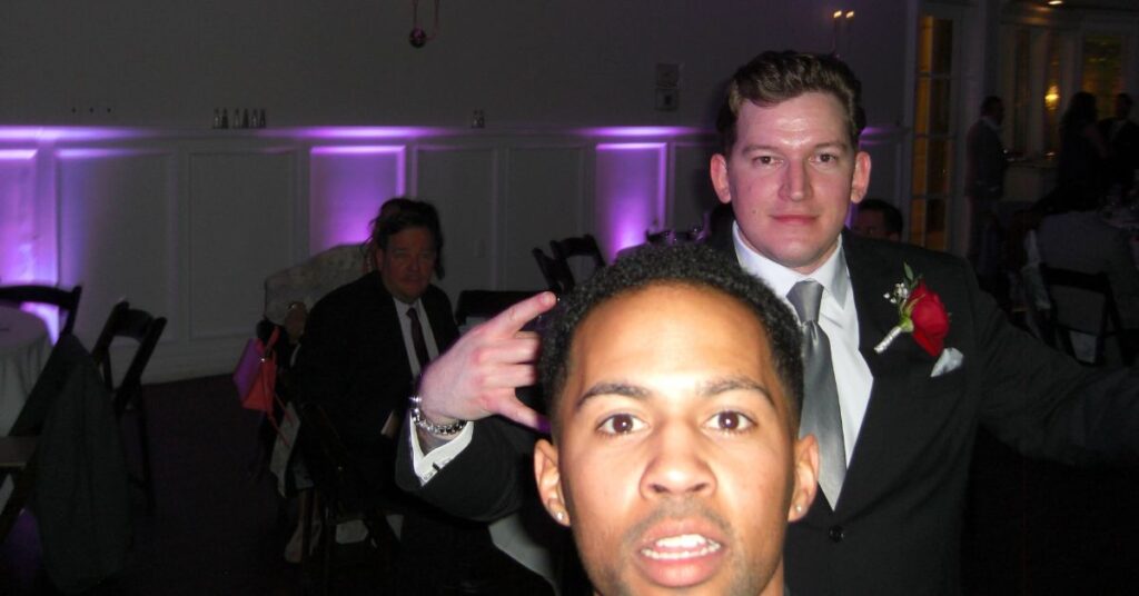 groom and groomsman dance floor fun