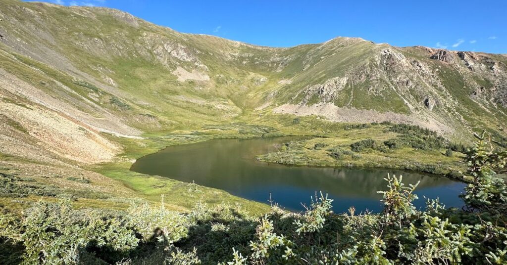 rolling green hills and a pond