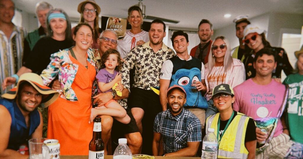 a family reunion with everyone in quirky thrift wear