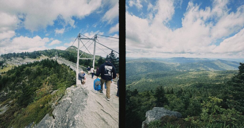 two pictures side by side of the rolling hills of North Carolina and a bridge
