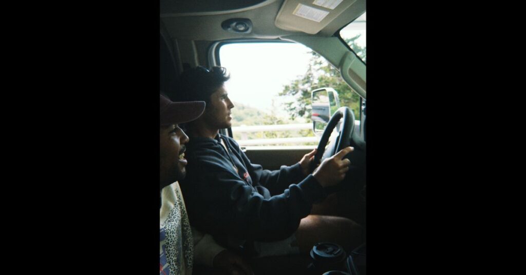 two friends in the rv on a road trip