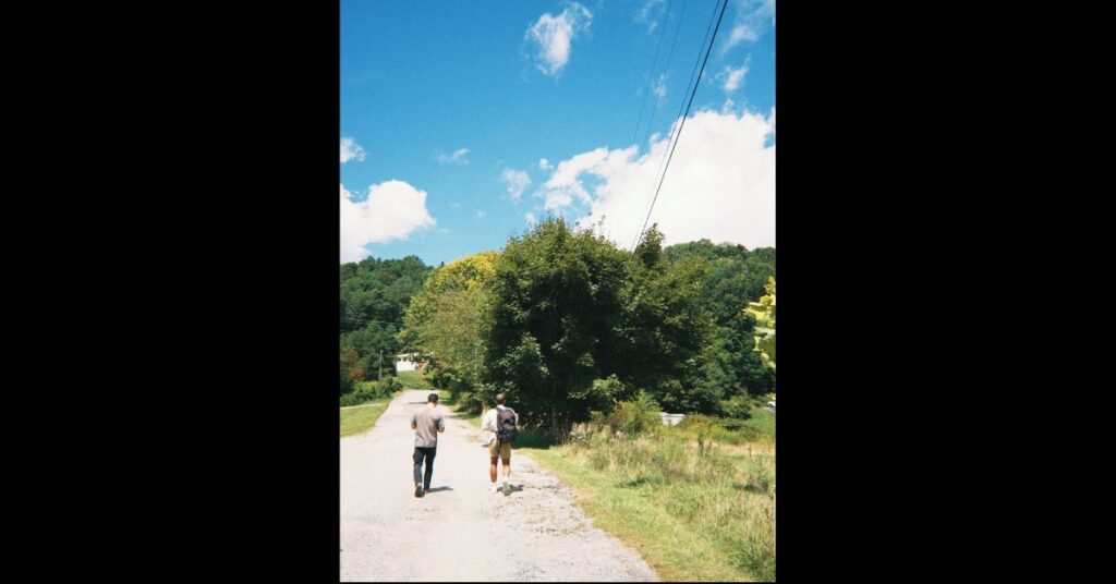 two friends walking on the road in North Carolina