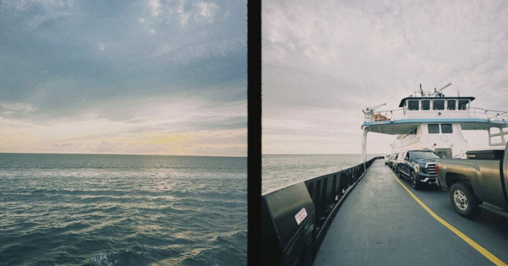 two pictures side by side of the ferry and ocean for travel to ocracoke
